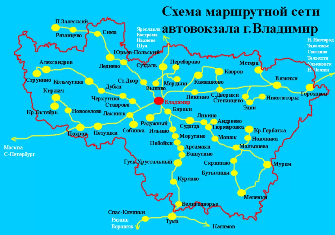 Схема маршрутной сети автовокзала Владимир