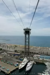 Вид на море, башню и порт из кабинки канатной дороги в Барселоне Вид на море, башню и порт из кабинки канатной дороги в Барселоне